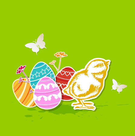 Vector green Easter background with eggs and chickenのイラスト素材