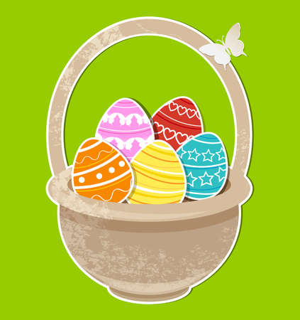 Vector green Easter background with eggs in basketのイラスト素材