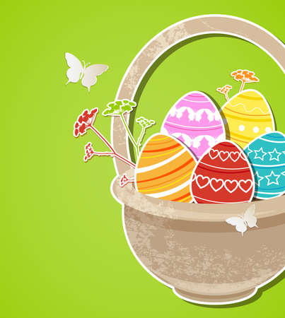 Vector green Easter background with eggs in basketのイラスト素材