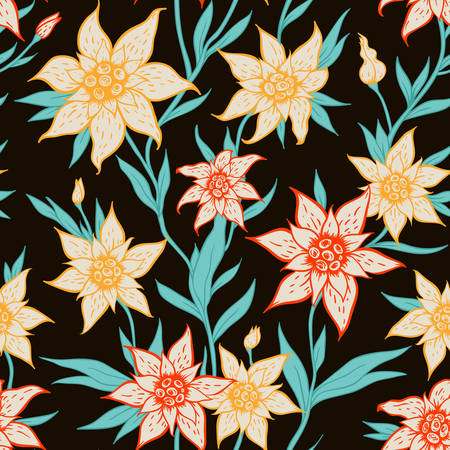 Vector seamless pattern with orange flowers on a black backgroundのイラスト素材
