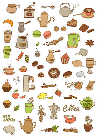 Set of vector tea and coffee doodle elements for designのイラスト素材