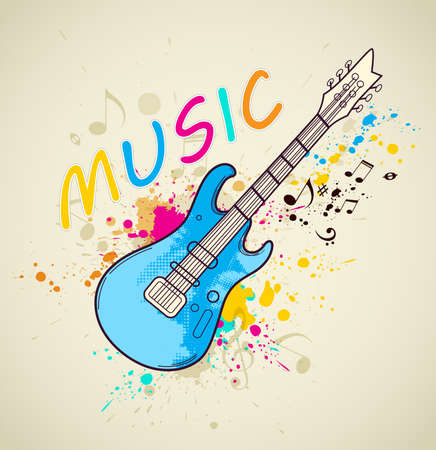 Grunge bright vector background with electric guitar and blotsのイラスト素材