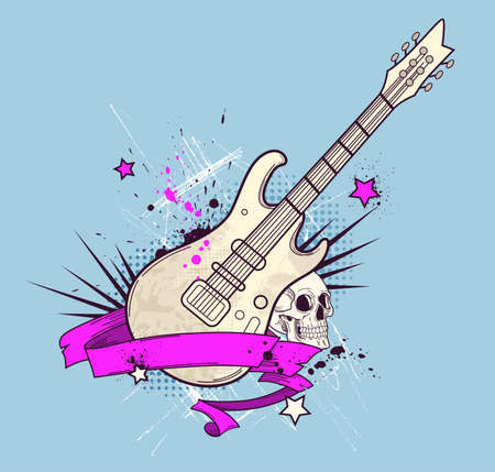 Grunge vector background with electric guitar and skullのイラスト素材