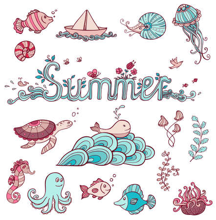 Set of vector sea doodle elements for designのイラスト素材