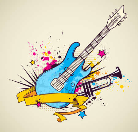 Grunge bright vector background with electric guitar and trumpetのイラスト素材