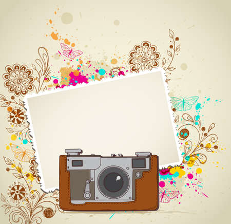 Abstract vector background with vintage camera and flowersのイラスト素材