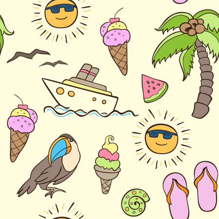 Summer seamless pattern with palm and boatのイラスト素材
