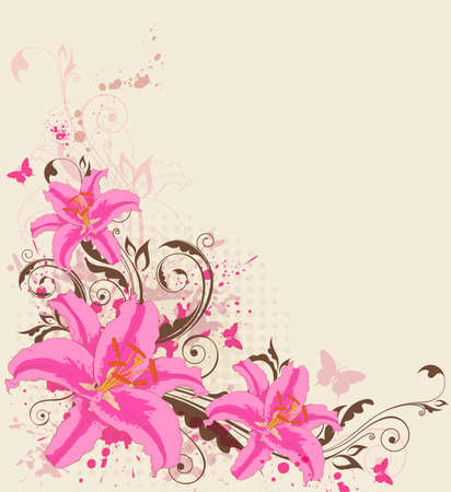 Vector decorative  background with pink lily and butterfliesのイラスト素材