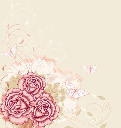 Vector decorative  background with pink roses and butterfliesのイラスト素材