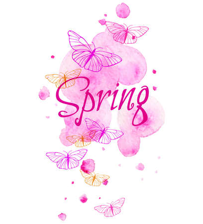 Abstract spring background with pink blots and butterfliesのイラスト素材