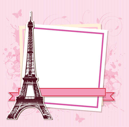 White frame with Paris and the Eiffel Tower on a pink backgroundのイラスト素材