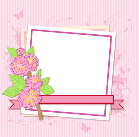 Decorative white frame with pink peach flowersのイラスト素材