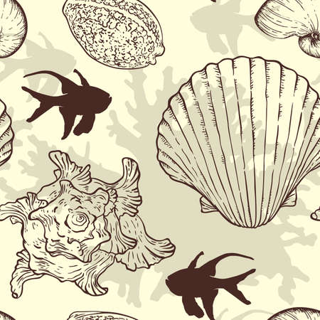 Marine seamless pattern with sea shells and fishesのイラスト素材
