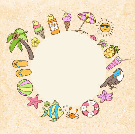 Summer decorative round banner with tropical fish, palm and birdのイラスト素材