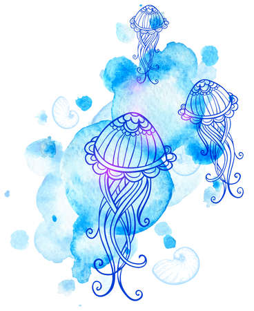 Marine background with  jellyfish and blue watercolor blotsのイラスト素材