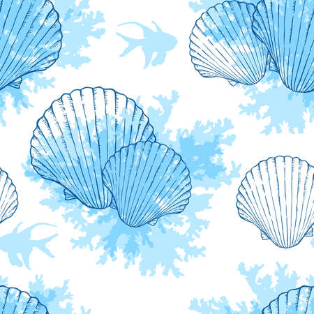 Blue marine vector seamless pattern with sea shells and fishesのイラスト素材