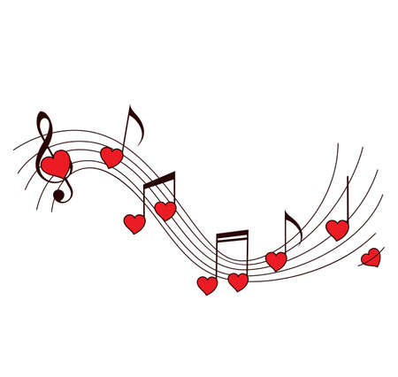 Romantic music vector background with notes and red heartsのイラスト素材