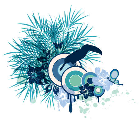 Summer decorative vector background with tropical flowers, palm and birdのイラスト素材