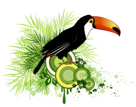 Summer decorative vector background with tropical flowers, green palm and birdのイラスト素材
