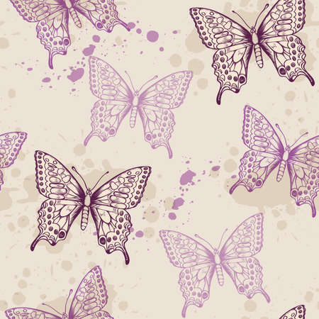 Vintage seamless pattern with violet butterflies and blotsのイラスト素材