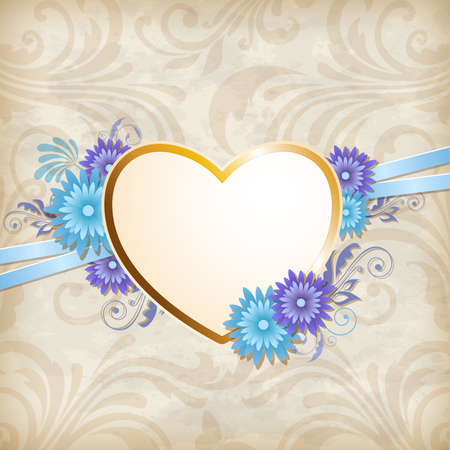 Vintage background with golden heart and blue flowersのイラスト素材
