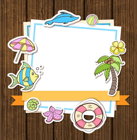 Summer decorative vector background with lifebuoy, palm and tropical fishのイラスト素材