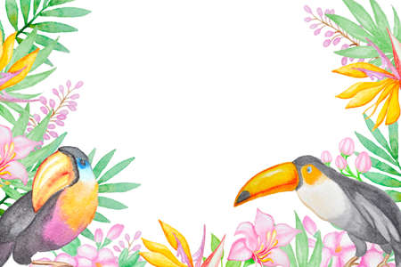 Watercolor background with tropical birds and flowersの写真素材