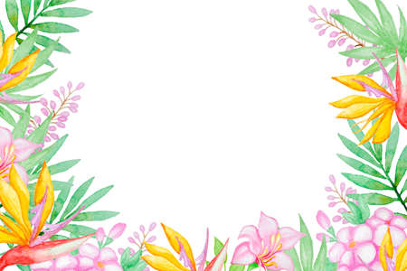 Watercolor background with tropical flowers and green leavesの写真素材