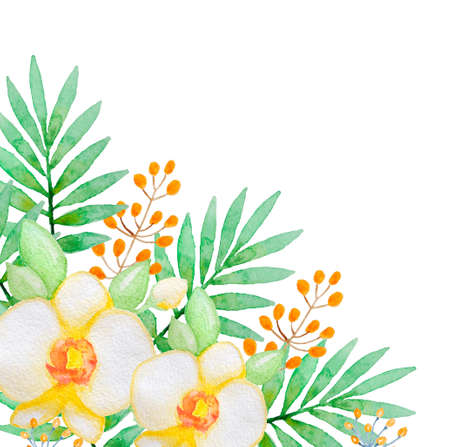 Watercolor background with yellow orchids and green leavesの写真素材