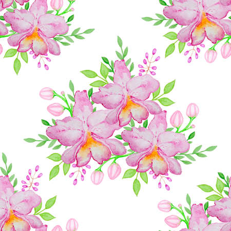 Watercolor seamless pattern with pink orchids and green leavesの写真素材