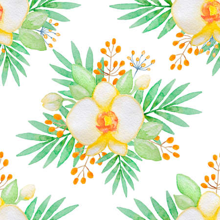 Watercolor seamless pattern with yellow orchids and green leavesの写真素材