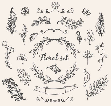 Set of hand drawn decorative vector floral elements for designのイラスト素材