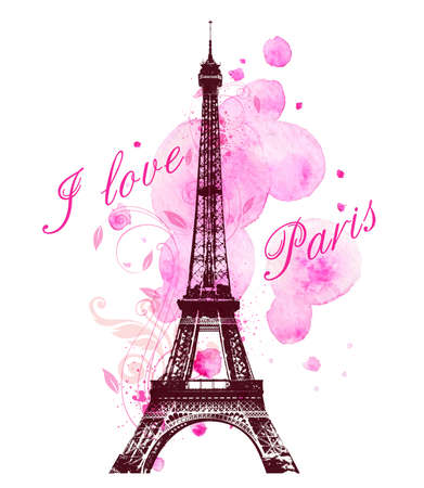 Romantic background with pink watercolor blots and Eiffel Towerのイラスト素材