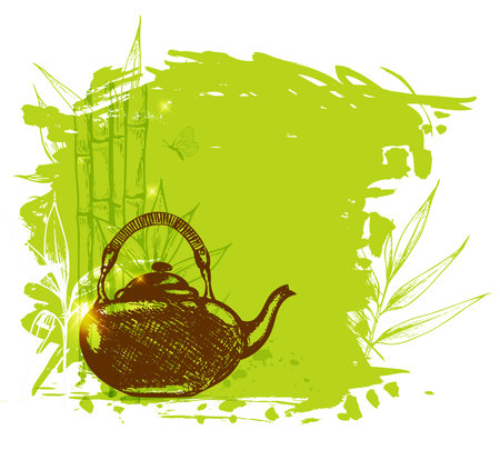 Green decorative background with hand drawn bamboo branch and teapotのイラスト素材