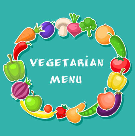 Vegetarian background with fruits and vegetables on a green backgroundのイラスト素材