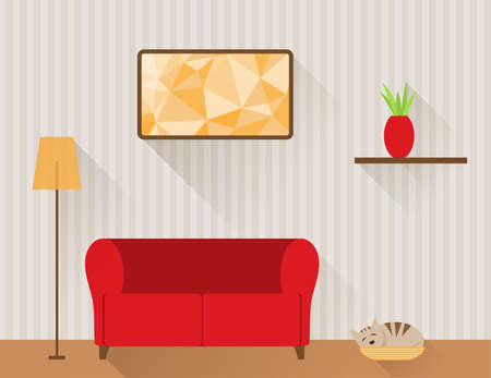 Illustration of the living room with red sofa and cat in basket. Flat design style.のイラスト素材