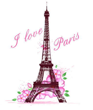 Romantic background with pink watercolor flowers and Eiffel Towerのイラスト素材