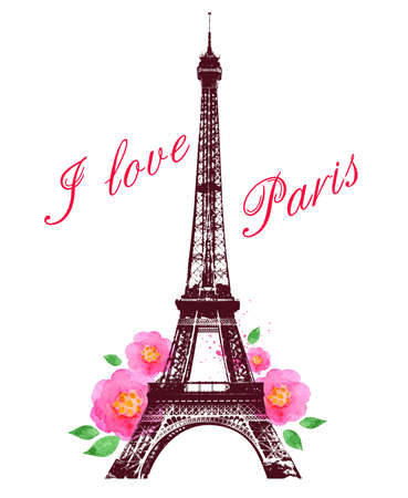 Romantic background with red watercolor roses and Eiffel Towerのイラスト素材