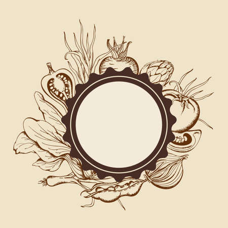 Vintage vector round banner with hand drawn vegetablesのイラスト素材