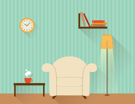 Illustration of the living room with white armchair. Flat design style.のイラスト素材