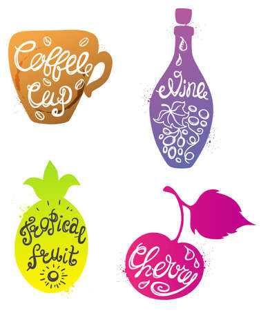 Various silhouettes with calligraphic inscriptions. Hand drawn lettering.のイラスト素材