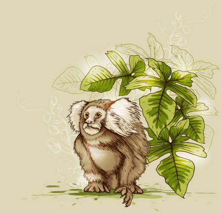 Tropical background with monkey and green plantのイラスト素材