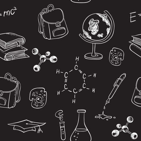 School seamless pattern with various items on a chalkboardのイラスト素材