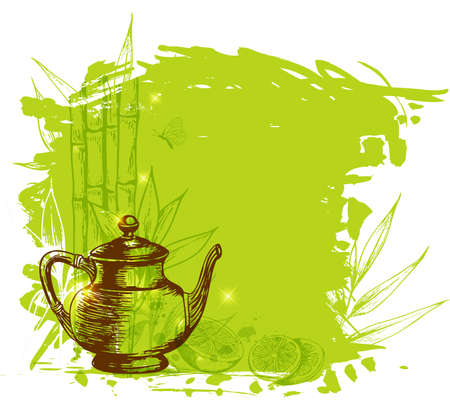 Green background with bamboo branch, lemon and teapotのイラスト素材