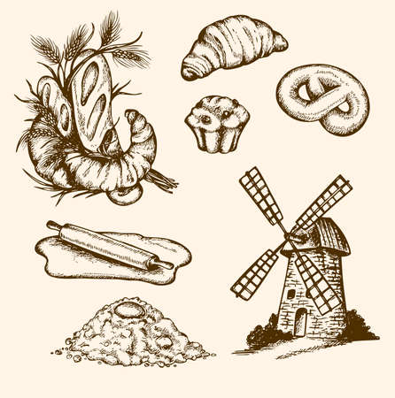 Set of vintage bakery, hand drawn illustrationのイラスト素材