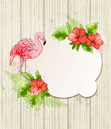 Summer background with red tropical flowers and pink flamingoのイラスト素材