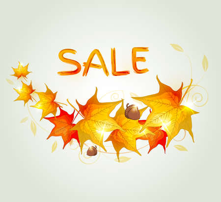 Abstract autumn background with orange maple leaves and acornのイラスト素材