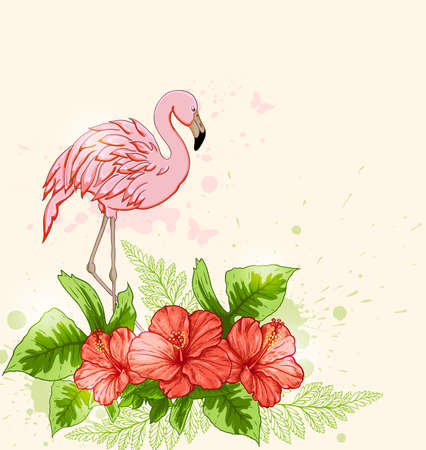 Summer tropical background with red flowers and pink flamingoのイラスト素材