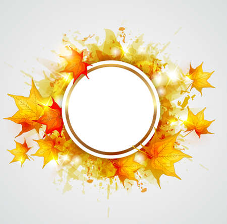 Autumn vector background with yellow maple leaves and round labelのイラスト素材