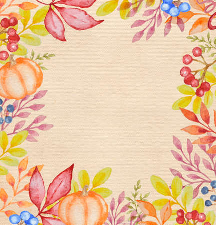 Hand drawn watercolor floral frame with autumn leavesの写真素材